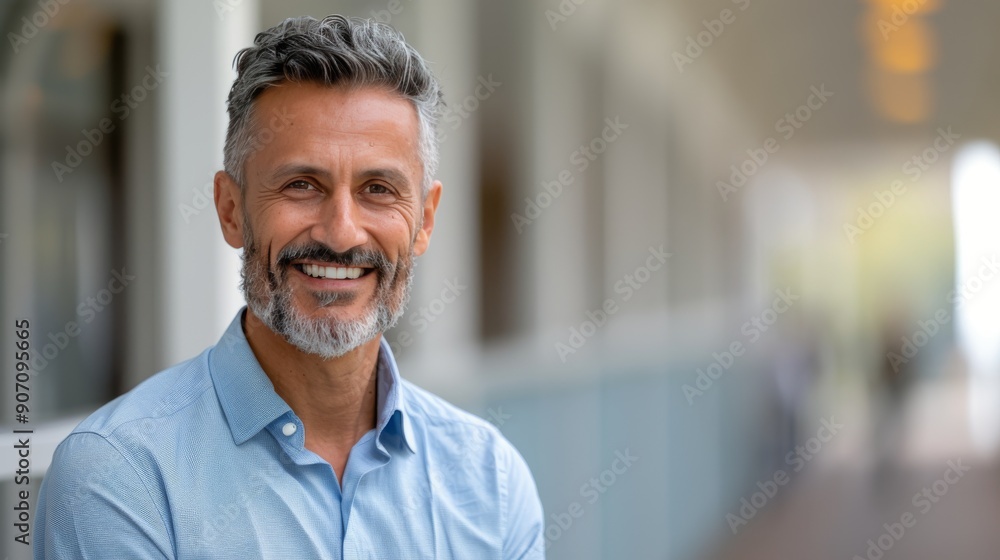 Smiling Man in Casual Blue Shirt at a Busy Urban Location Smiling Man in Casual Blue Shirt at a Busy Urban Location