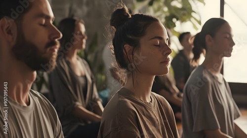 group meditation in yoga studio, breath exercise, men and women meditating and breathing with closed eyes, breathwork concept