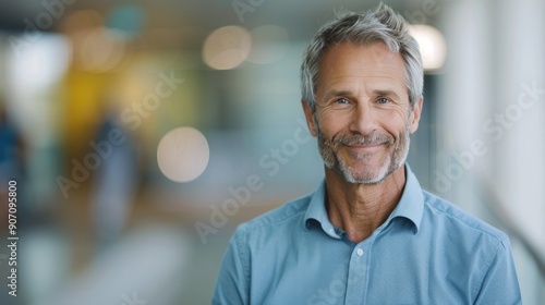 Smiling Man in Casual Blue Shirt at a Busy Urban Location