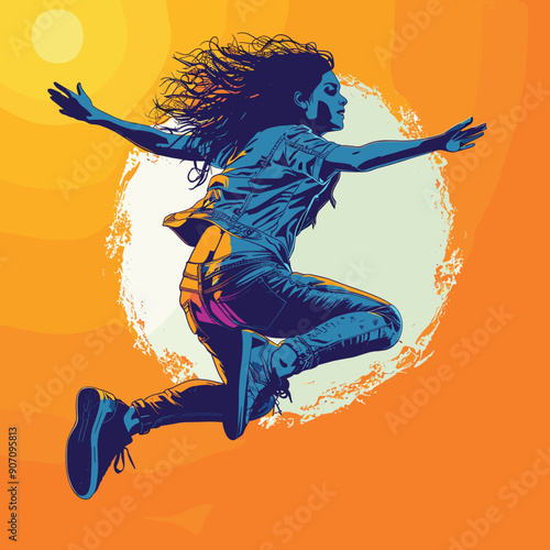 Young woman joyfully jumping against vibrant orange background, long hair flowing, feeling freedom happiness. Energetic female leaping arms spread out, casual clothes, dynamic pose, playful