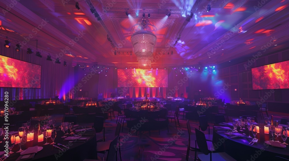 Obraz premium A Night of Glamour A Grand Ballroom with Purple and Red Lighting, a Crystal Chandelier, and Galaxy Projections, event , gala , ballroom , lighting