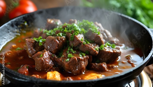 Hot beef dishes, steam and flames in the pan, and the color is tempting.