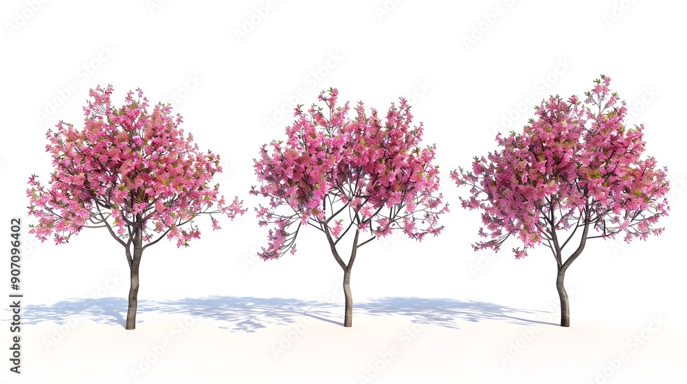 Isolated pink flowery grow blossoming trees set on white backgrounds 3d render Isolated pink flowery grow blossoming trees set on white backgrounds 3d render
