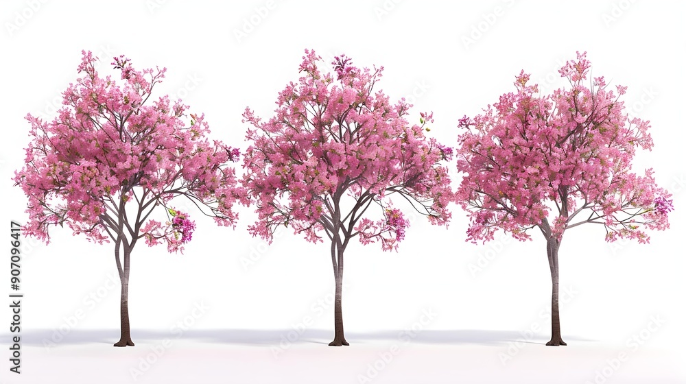 Isolated pink flowery grow blossoming trees set on white backgrounds 3d render Isolated pink flowery grow blossoming trees set on white backgrounds 3d render