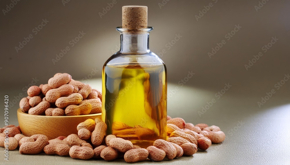 Peanut oil in a glass bottle with peanuts beside it, isolated on clean background. Showcasing the natural beauty and health benefits of this versatile ingredient. Perfect for culinary and health enthu Peanut oil in a glass bottle with peanuts beside it, isolated on clean background. Showcasing the natural beauty and health benefits of this versatile ingredient. Perfect for culinary and health enthu