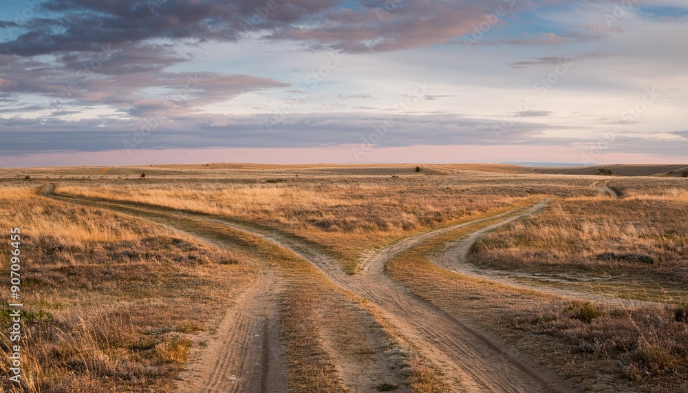 scene with fork roads in steppe on sunset sky background scene with fork roads in steppe on sunset sky background