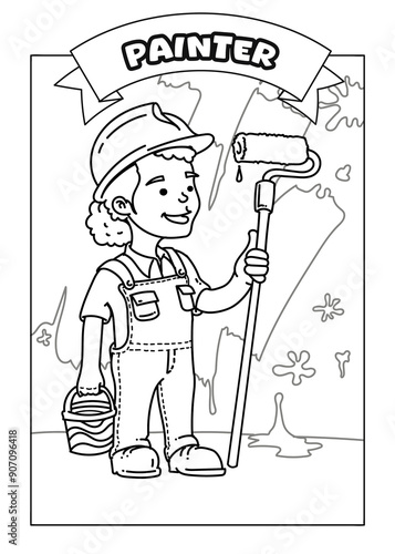 Black and white Painter Coloring Page, activity sheet, for kids.