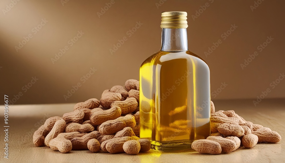 Peanut oil in a glass bottle with peanuts beside it, isolated on clean background. Showcasing the natural beauty and health benefits of this versatile ingredient. Perfect for culinary and health enthu Peanut oil in a glass bottle with peanuts beside it, isolated on clean background. Showcasing the natural beauty and health benefits of this versatile ingredient. Perfect for culinary and health enthu