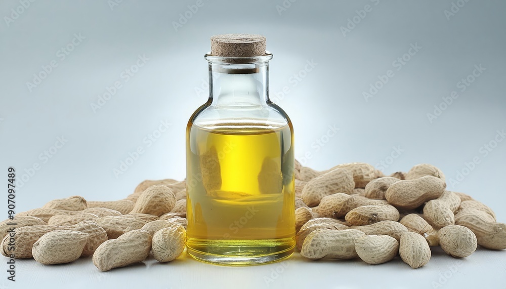 Peanut oil in a glass bottle with peanuts beside it, isolated on clean background. Showcasing the natural beauty and health benefits of this versatile ingredient. Perfect for culinary and health enthu Peanut oil in a glass bottle with peanuts beside it, isolated on clean background. Showcasing the natural beauty and health benefits of this versatile ingredient. Perfect for culinary and health enthu