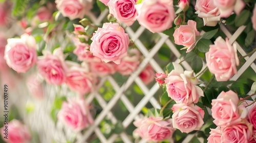 Fototapeta Naklejka Na Ścianę i Meble -  Pink climbing roses adorn lattice. Vibrant blooms cascade, adding elegance to gardens. Symbolize romance, grace, and beauty. Perfect for floral enthusiasts, weddings, or nature-themed designs
