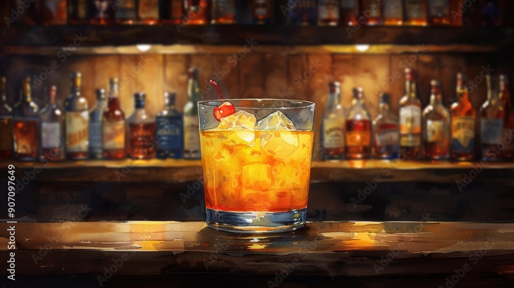 Whiskey on the rocks at cozy bar - generative ai Whiskey on the rocks at cozy bar - generative ai