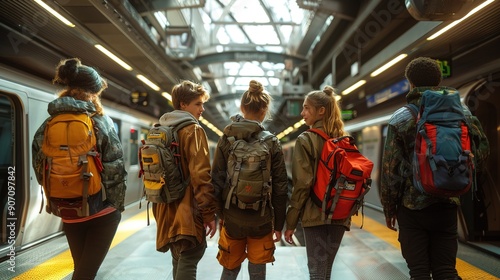 A group of people with backpacks are walking through a train station