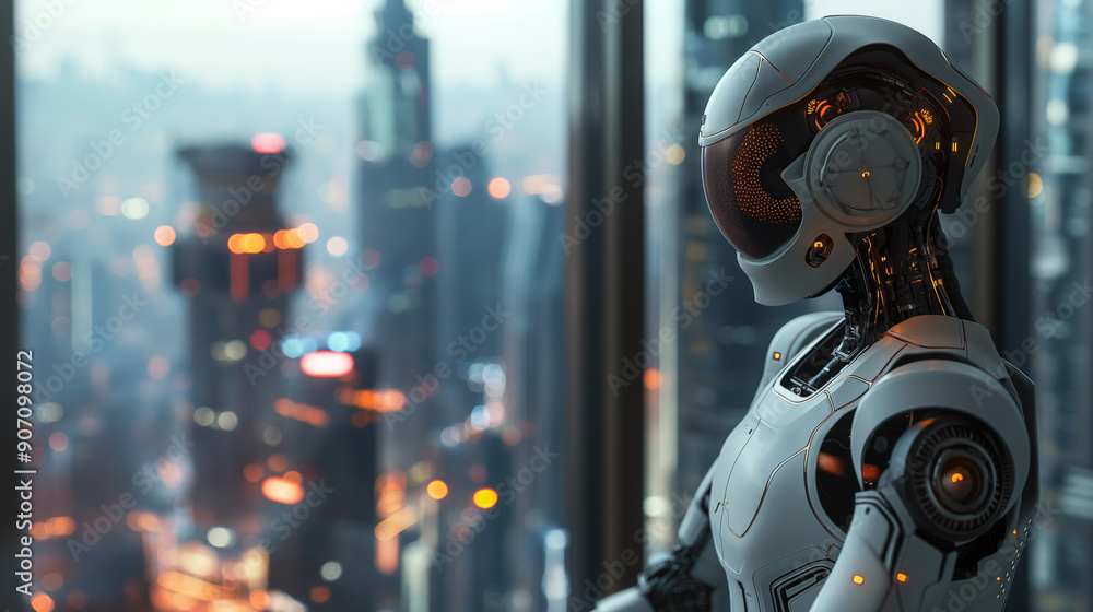 Fototapeta premium Artificial intelligence, robot thinking about world, looking at the city.