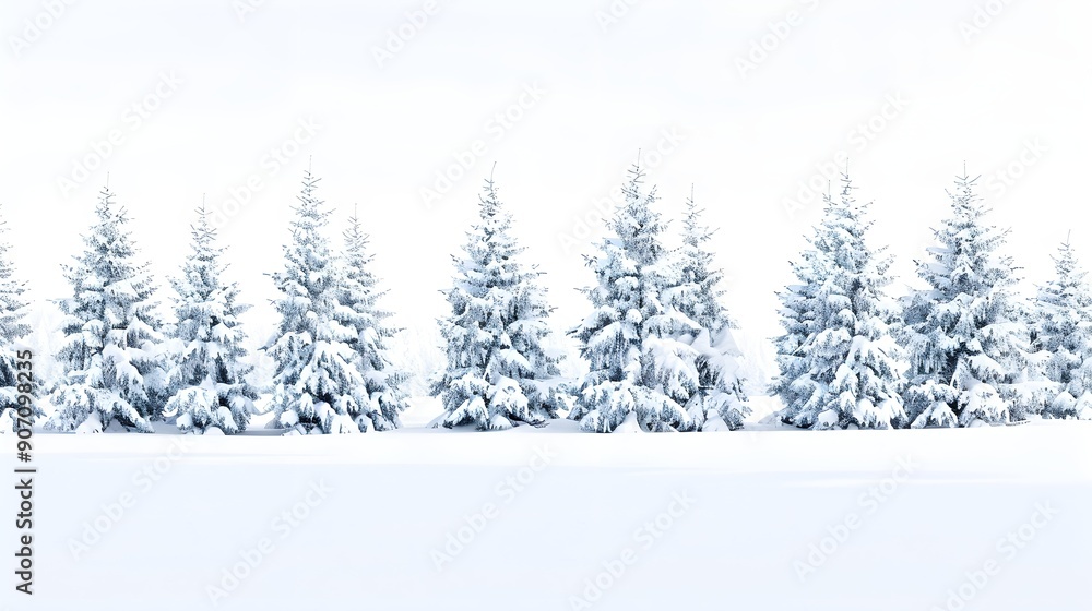 Fototapeta premium Snow-covered trees stand against a pristine white backdrop, capturing the serene beauty of winter. The scene exudes tranquility and seasonal charm, perfect for seasonal themes or nature concepts 