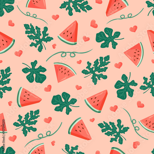 Watermelon seamless pattern with watermelon slices, leaves, flowers and hearts. Summer fruit vector illustration. Tropical background for baby fabric, kids textile, packaging, wrapping, scrapbook.