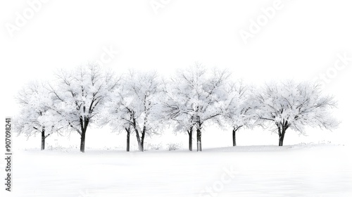 Snow-covered trees stand against a pristine white backdrop, capturing the serene beauty of winter. The scene exudes tranquility and seasonal charm, perfect for seasonal themes or nature concepts 