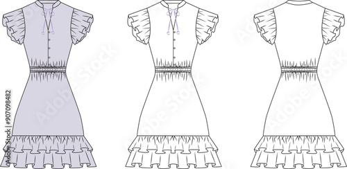 womens, girls frill arms dress sketch, kids stylish summer  dress mock up, womens dress vector front and back editable technical drawings