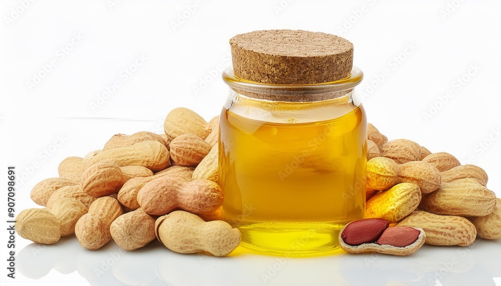 Peanut oil in a glass bottle with peanuts beside it, isolated on clean background. Showcasing the natural beauty and health benefits of this versatile ingredient. Perfect for culinary and health enthu Peanut oil in a glass bottle with peanuts beside it, isolated on clean background. Showcasing the natural beauty and health benefits of this versatile ingredient. Perfect for culinary and health enthu