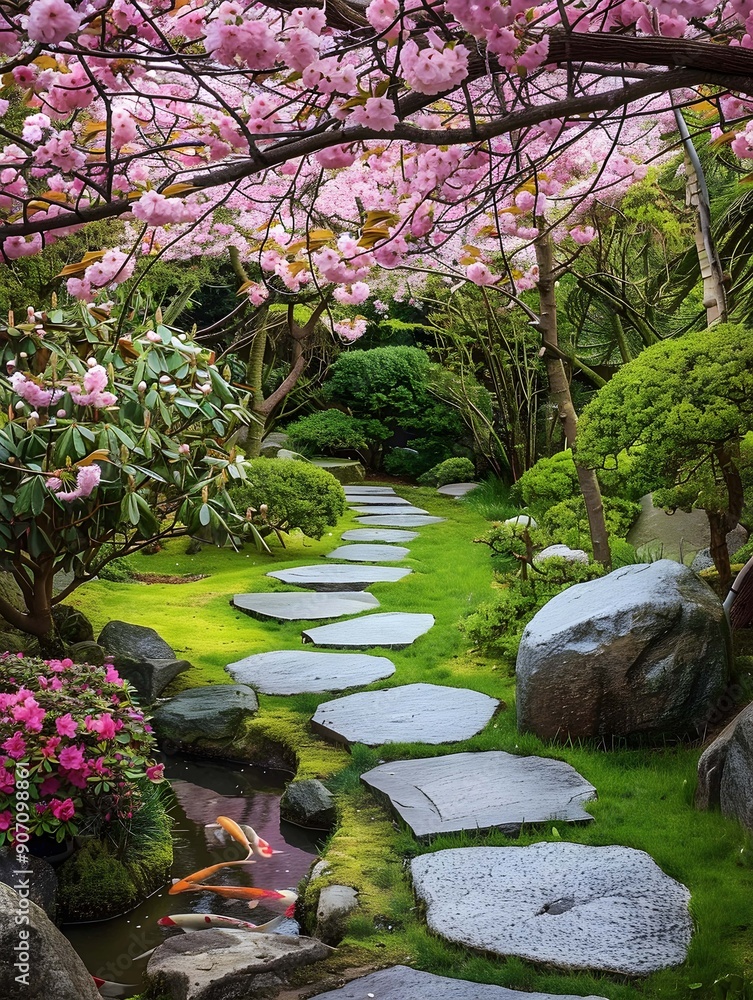 Obraz premium Vibrant Japanese garden filled with blossoming cherry blossoms, meticulously manicured bonsai trees, serene koi ponds, and meandering stone pathways evoking tranquility and harmony