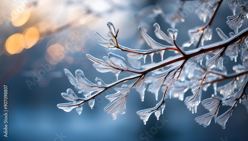 Tree branches covered with ice in winter