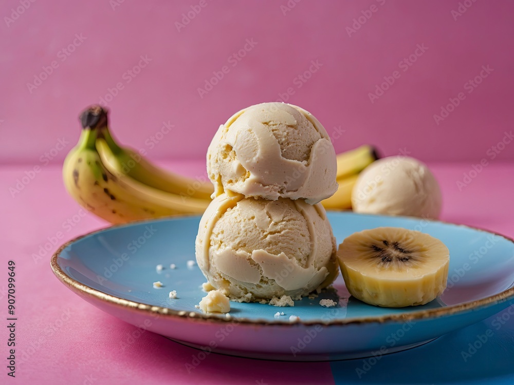 Banana ice cream balls in nice plate on blue and pink background: a refined gourmet dessert experience. Banana ice cream balls in nice plate on blue and pink background: a refined gourmet dessert experience.