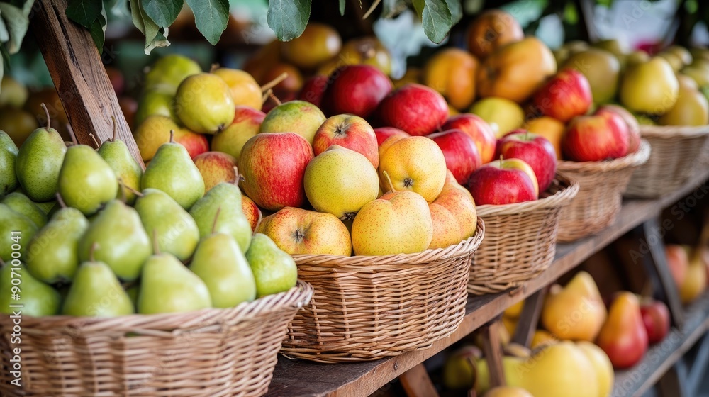A farmer market stall with baskets of freshly picked apples, pears, and other seasonal fruits A farmer market stall with baskets of freshly picked apples, pears, and other seasonal fruits