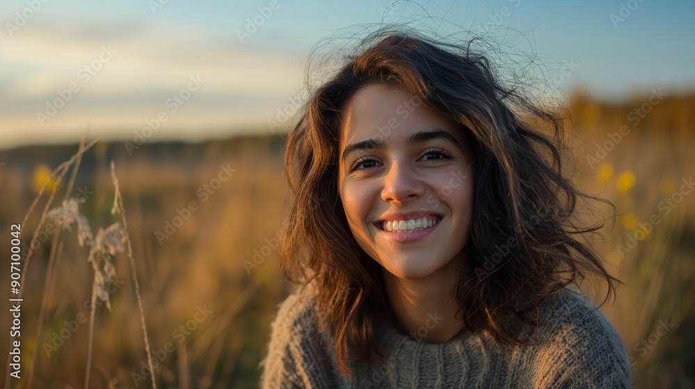 Smiling woman sitting outdoors in autumn Smiling woman sitting outdoors in autumn