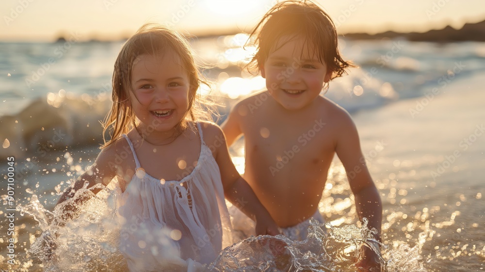 Smiling siblings playing on beach Smiling siblings playing on beach