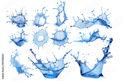 Set of blue water splash, wave, swirls isolated on transparent background. PNG, cutout. Water splashes, flying in the air, drops and blots.