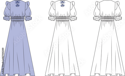 womensgirls flared arms summer dress sketch, womens modesty dress mock up, womens dress vector front and back editable technical drawings
