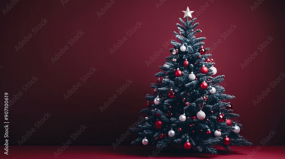 Festively Decorated Christmas Tree Against Red Background