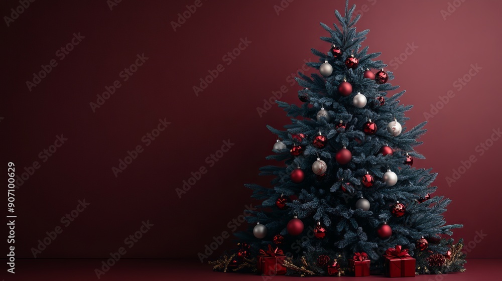 Elegant Christmas Tree Decorated With Red and Silver Ornaments in a Cozy Setting Elegant Christmas Tree Decorated With Red and Silver Ornaments in a Cozy Setting