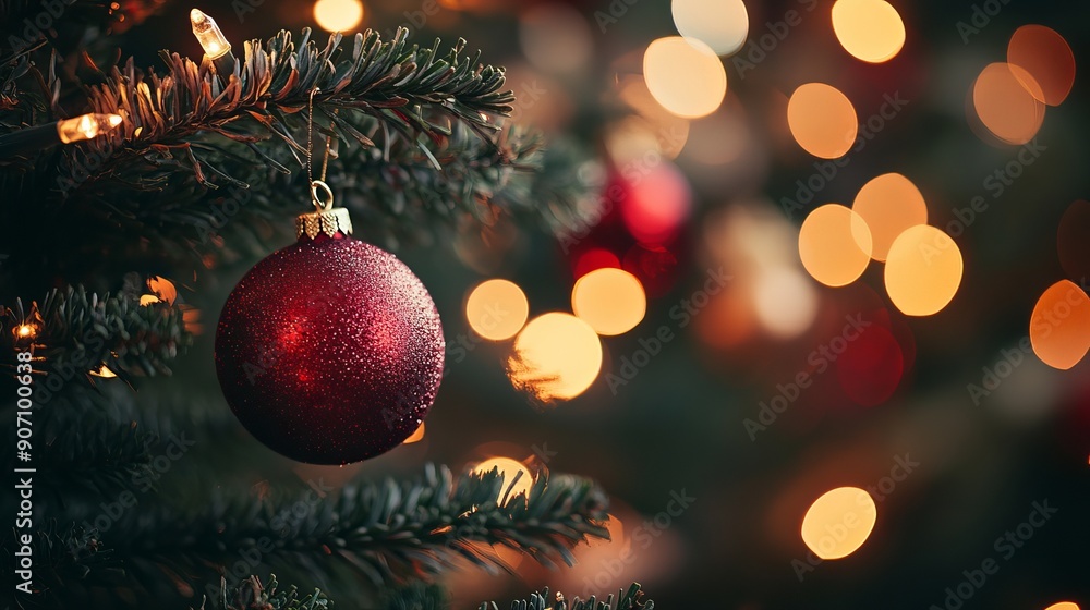 Christmas Tree Ornaments and Lights in Cozy Evening Setting Christmas Tree Ornaments and Lights in Cozy Evening Setting