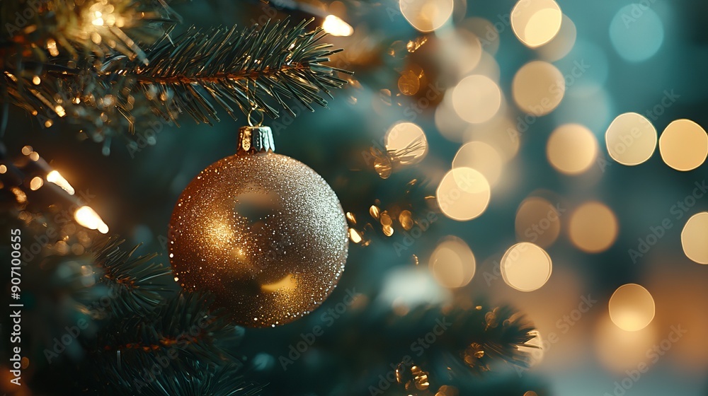 Golden Christmas Ornament Hanging on Pine Tree Branch With Bokeh Lights Golden Christmas Ornament Hanging on Pine Tree Branch With Bokeh Lights
