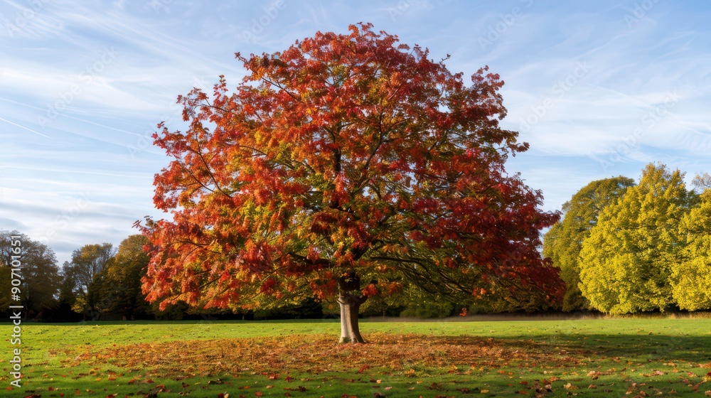 A lone tree with vibrant red and orange leaves standing in the middle of a quiet park in autumn. A lone tree with vibrant red and orange leaves standing in the middle of a quiet park in autumn.