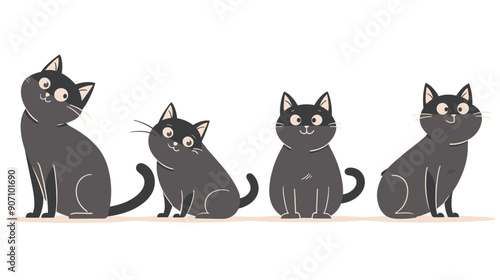 Four black white cartoon cats standing side side, looking viewer, cat has unique pose expression, cartoon style design. Simplistic cute animal graphic, ideal pet themed content