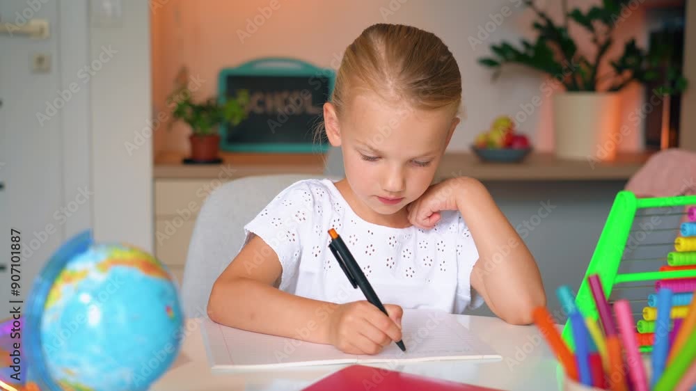 Child Kid Girl doing her homework art a desk. School girl writes in a notebook. Education concept. Cute smart school child girl writing doing homework.

