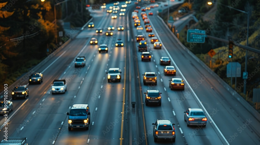 Evening Commute on a Highway, High Angle View, Blurred Vehicles, Cityscape, Lights , highway, traffic Evening Commute on a Highway, High Angle View, Blurred Vehicles, Cityscape, Lights , highway, traffic