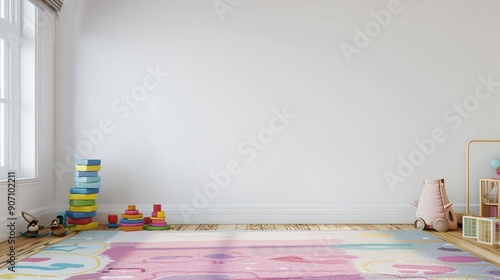 Minimalist White Wall with Colorful Rug and Toys, Interior Design, Children's Room, Playroom, Nursery, Interior Design, Children's Room