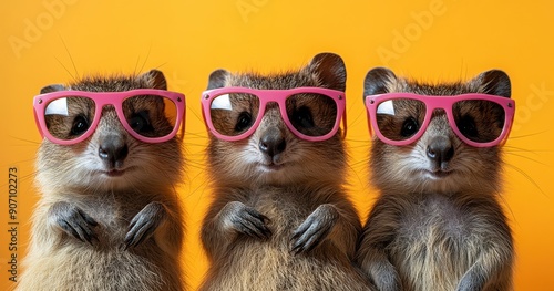 Group of Quokka Wearing Pink Sunglasses with Happy Expressions Against an Orange and Yellow Background in a High-Definition Commercial Photography Style

