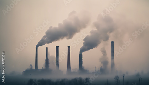 Industrial landscape with tall smokestacks emitting thick smoke, enveloped in heavy fog. The image highlights the impact of industrial pollution on the environment.