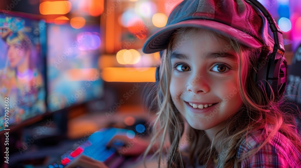 Smiling child playing video games - generative ai Smiling child playing video games - generative ai