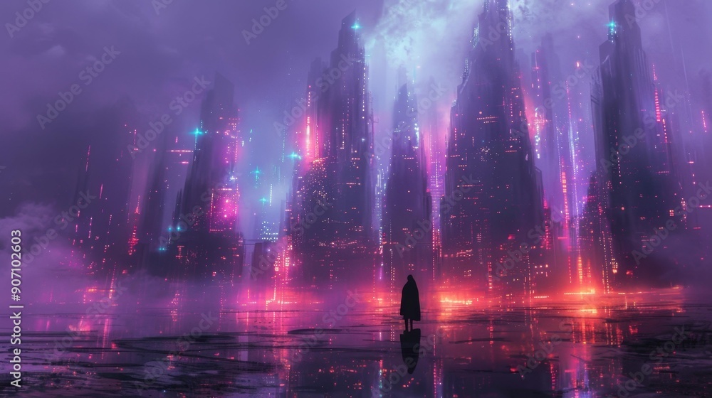 Fototapeta premium Futuristic cityscape at night with neon lights - generative ai