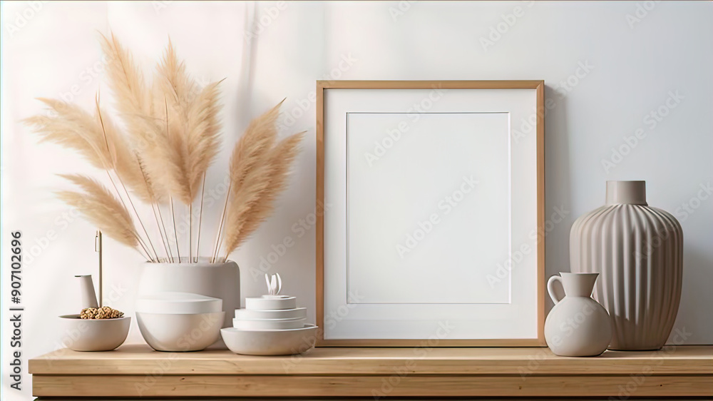 interior scandinavian background wall, white frame on a white wall background for presentation, ceramic vase on the table, interior scandinavian background wall, white frame on a white wall background for presentation, ceramic vase on the table,