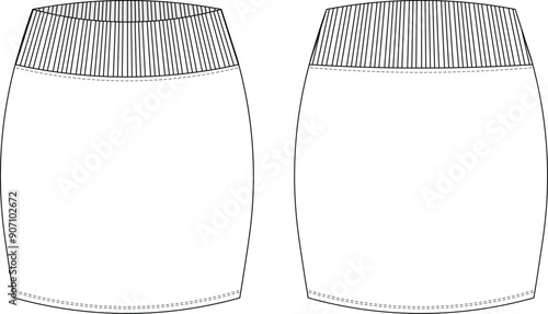 ribbed waistband belt mini short pencil body con skirt template technical drawing flat sketch cad mockup fashion woman design style model

