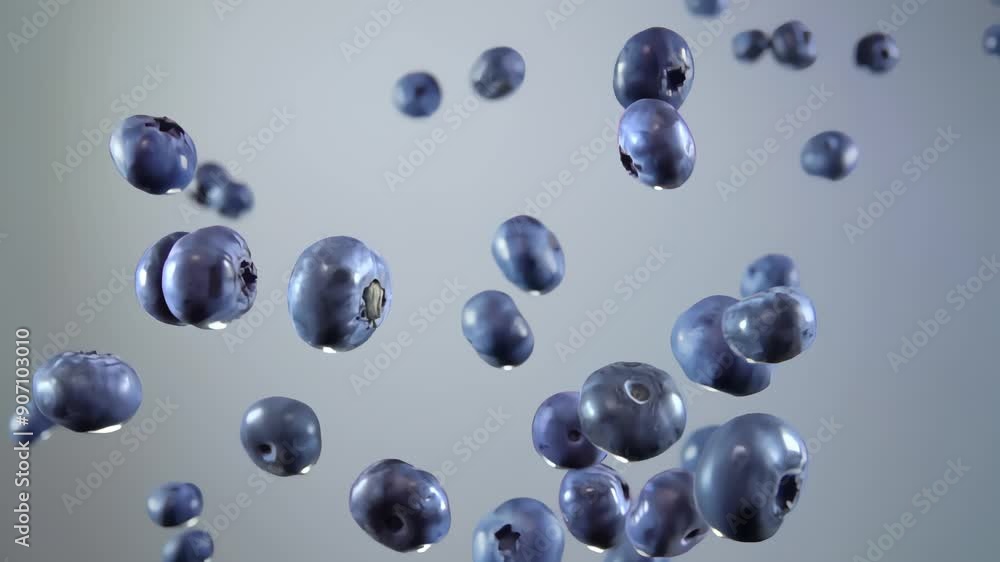 Big juicy delicious blueberries are flying up on the grey background in slow motion. High quality 4k footage Big juicy delicious blueberries are flying up on the grey background in slow motion. High quality 4k footage