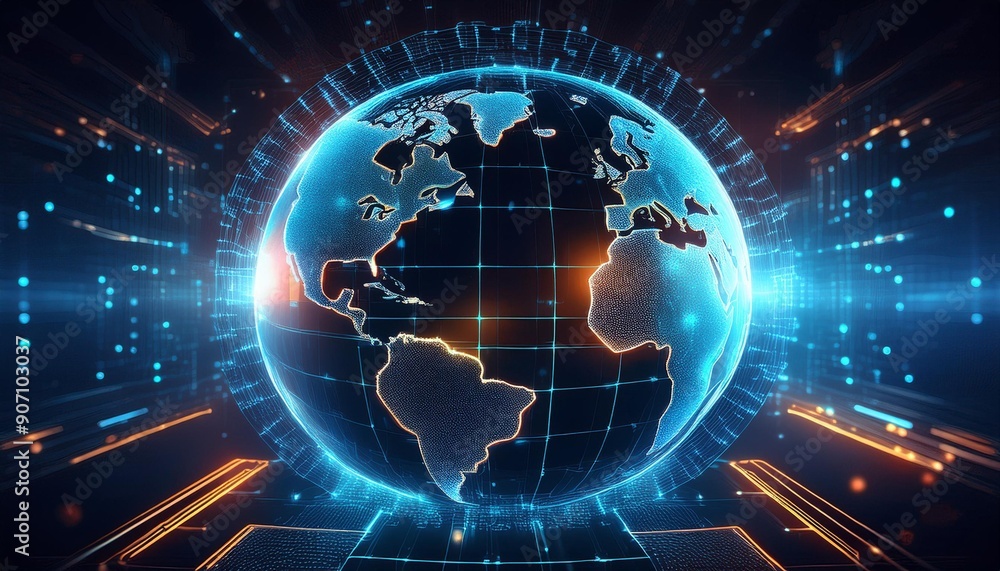 Fototapeta premium A futuristic image depicting cybersecurity with glowing digital circuits and data streams.
