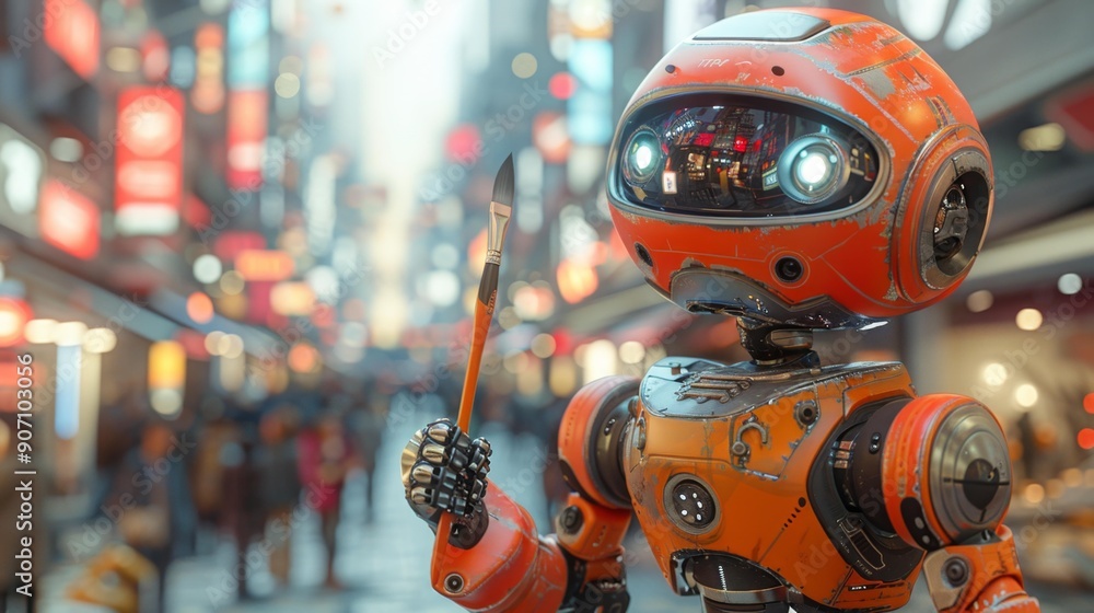 Robot painter in futuristic city - generative ai Robot painter in futuristic city - generative ai