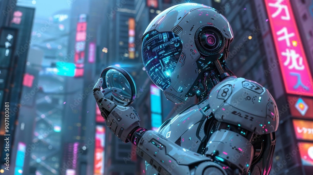 Futuristic robot in cyber city - generative ai Futuristic robot in cyber city - generative ai