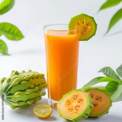 Medium shot of Horned Melon juice in a glass near the Horned Melon, isolated on a white 